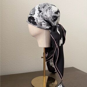 CHANEL Black and White Silk Scarf with Pink Accents